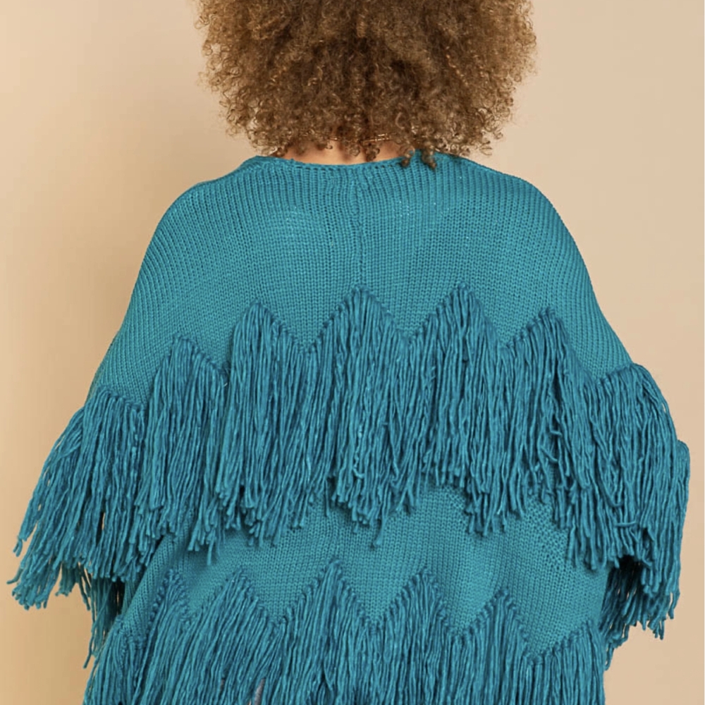 Teal Fringe Knit Sweater - Picture 5 of 7